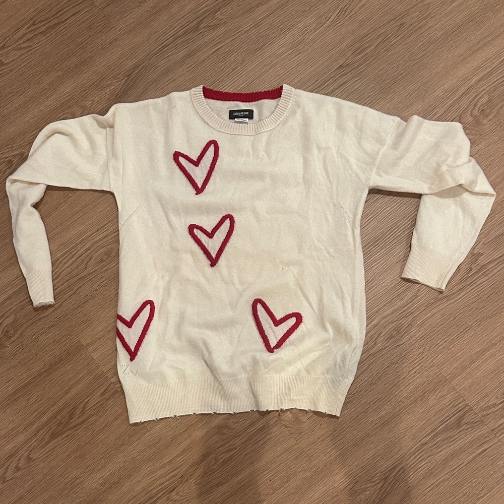 Zadig and Voltaire Cashmere Cream Sweater with Red Heart Accents
